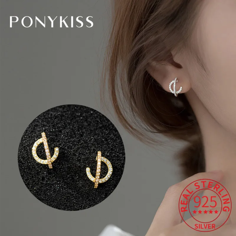 

PONYKISS Office 925 Sterling Silver Letter line Zircon Planet Stud Earrings for Women Party Fine Jewelry Minimlist Accessory