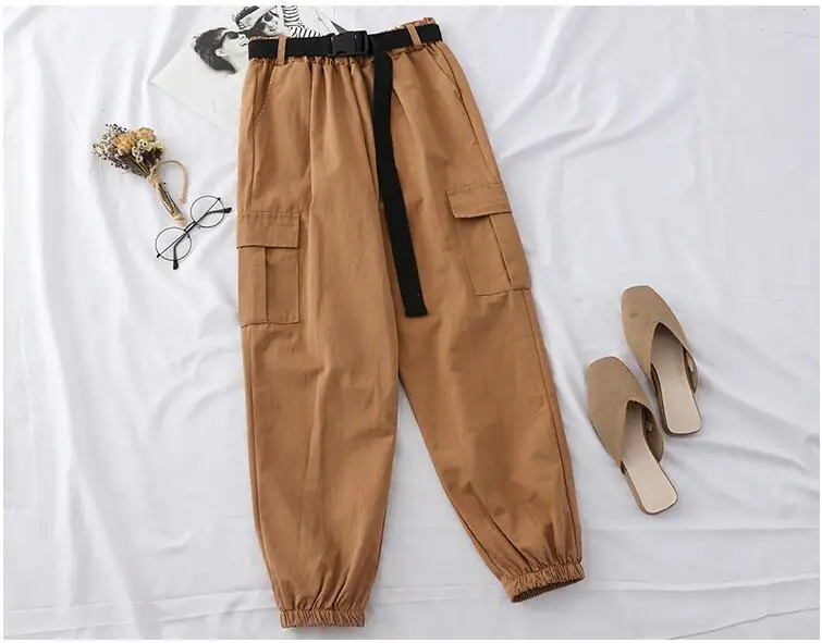 Уличная одежда в стиле хип-хоп женские штаны карго высокая талия карманы лента