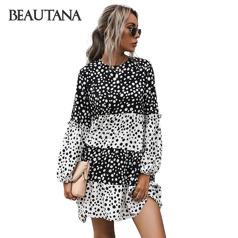 

BEAUTANA Mini Dress for Pregnant Women 2021 New Black White Polka Dot Long Sleeve Patchwork Ruffles A Line Vestidos Women Tunic