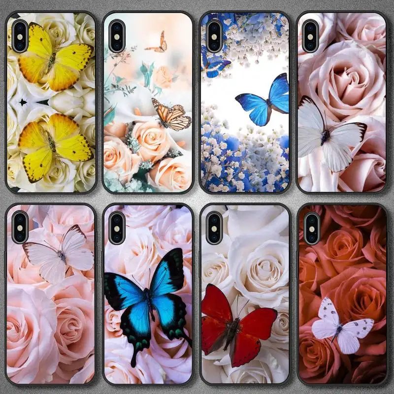 

butterfly on roses flower Phone Case For Black Soft Phone Case 5 5s se 6 6s 7 8 11 12 X Xs Xr Pro Plus Max Mini Cover
