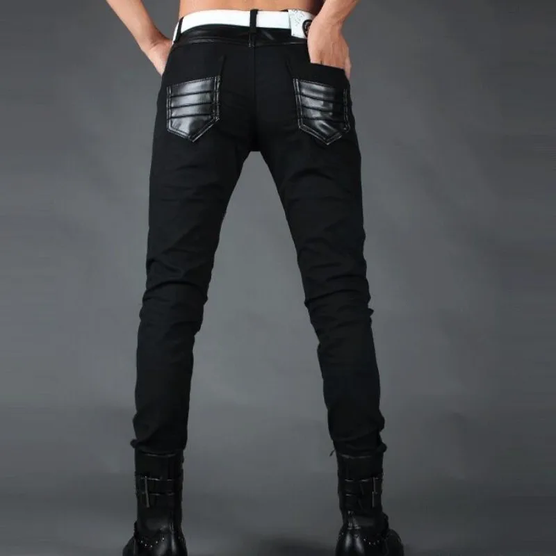 

Mens PU Fake Zippers Long Faux Leather Slim Fit Pencil Pants Fashion Patchwork Punk Skinny Hombre Trousers