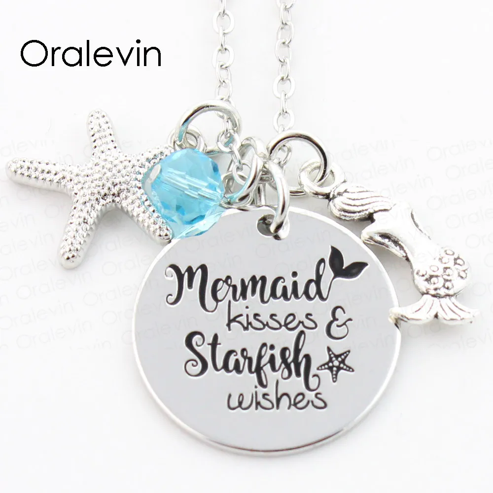 Necklace Пляжное ожерелье русалки с поцелуями и звездами, кулон с гравировкой, подвески, ожерелье, подарок для девочек, ювелирные изделия LN117 - Окраска металла: Necklace