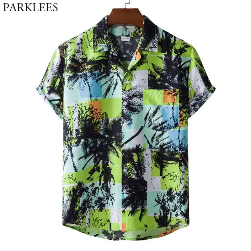 

Men's Fashion Palm Tree Print Hawaiian Beach Shirt Short Sleeve Camp Collar Button Down Shirt Party Holiday Aloha Chemise Homme