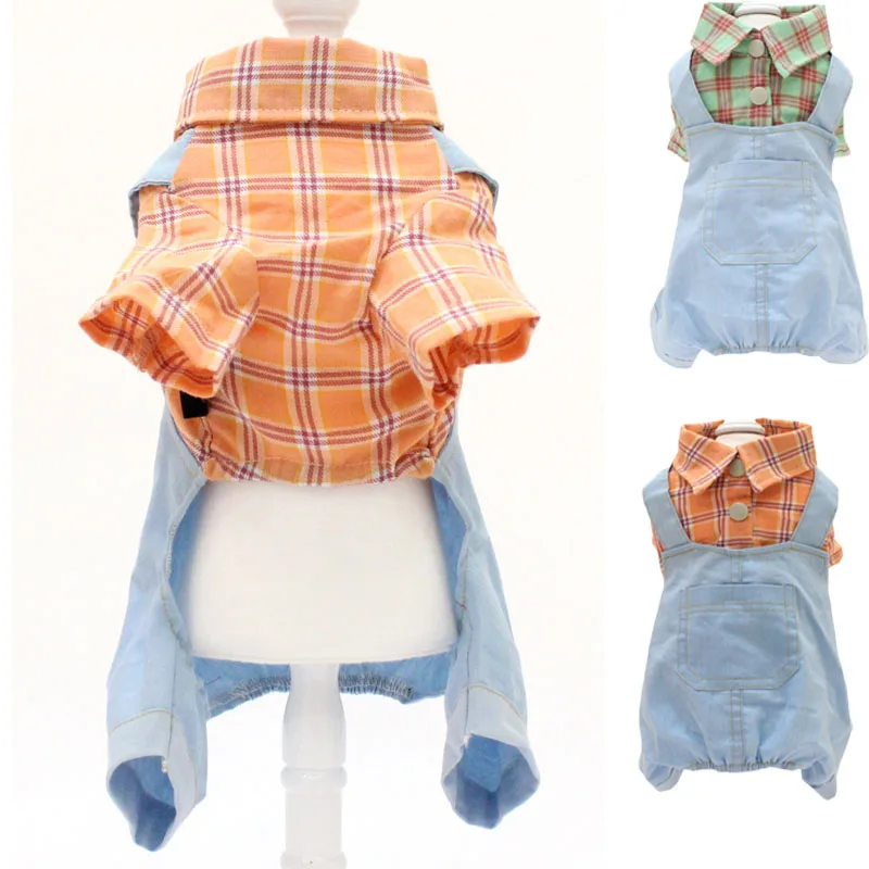 Plaid Jumpsuit For Dogs Spring Summer Dog Clothes Big Pocket Light Blue Denim Costume Shirt Coat Small Medium Yorkie XL | Дом и сад