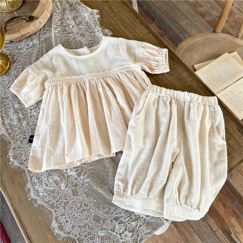 

2021 Summer Children Soft Solid Color Suit Baby Girls Cotton and Linen Shirt and Pants 2 Pcs