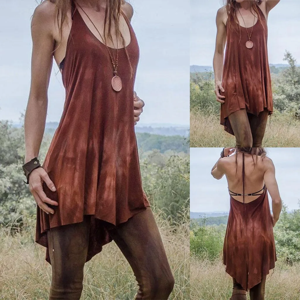 

Women Vintage Tie Dyed Print Mini Dress 2020 New Strap Backless Short Irregular Dress Summer Punk Style Halter Loose Dresses A50