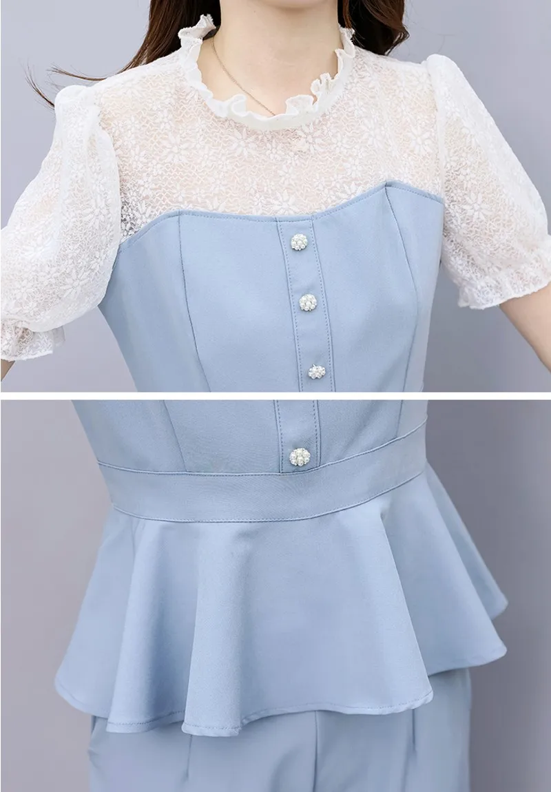 

2021 Summer fashion Women pants Suits Lace stitching short-sleeved shirt Tops Pants 2 Pieces Sets