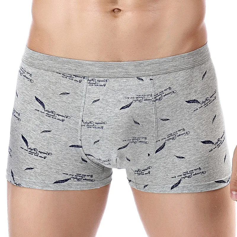 

4 color grey black Leaves print men boxers cotton U shape middle waist male underwear