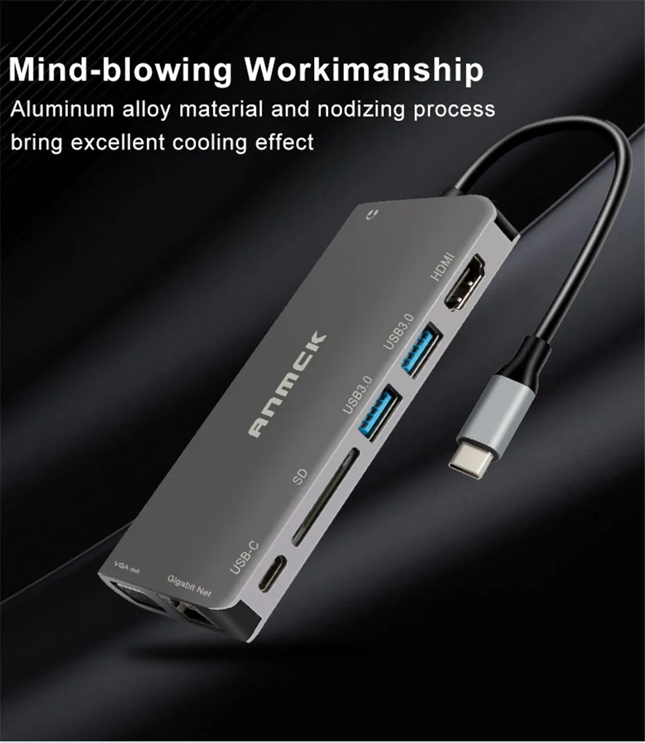 Anmck USB C концентратор USB к Мульти USB 3,0 HDMI VGA RJ45 Thunderbolt 3 OTG адаптер USB разветвитель для MacBook Pro Air Dock type C концентратор