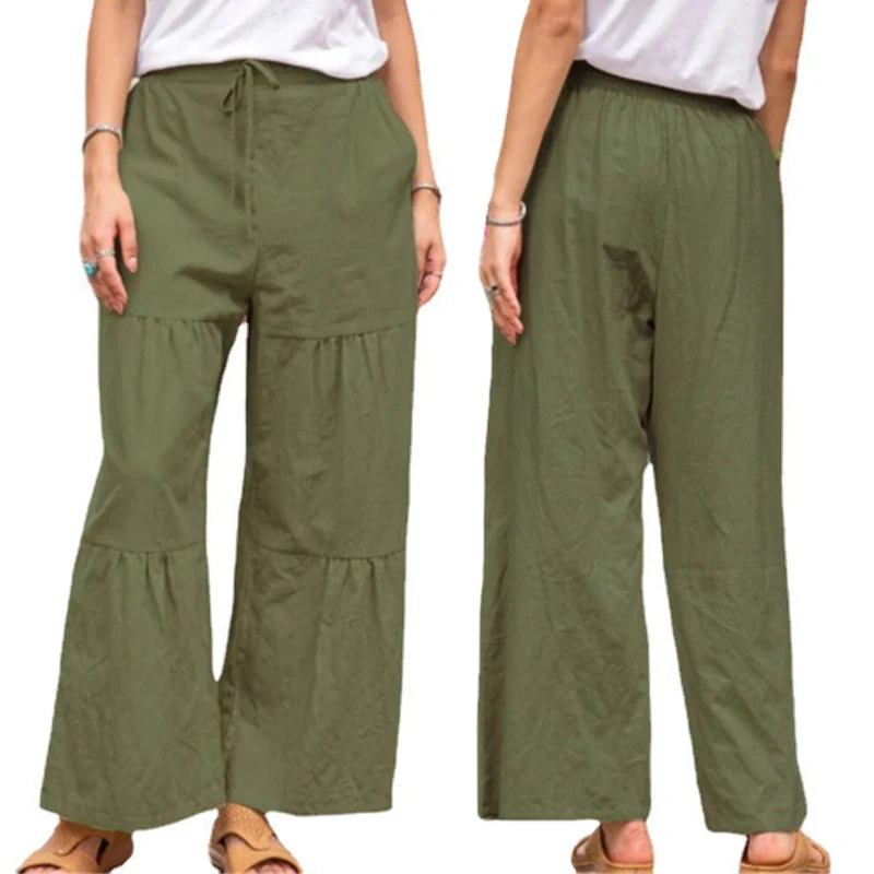 

Женские брюки с широкими штанинами, однотонные повседневные длинные прямые брюки в стиле пэчворк из хлопка и льна с высокой талией, женские брюки до щиколотки, 2022