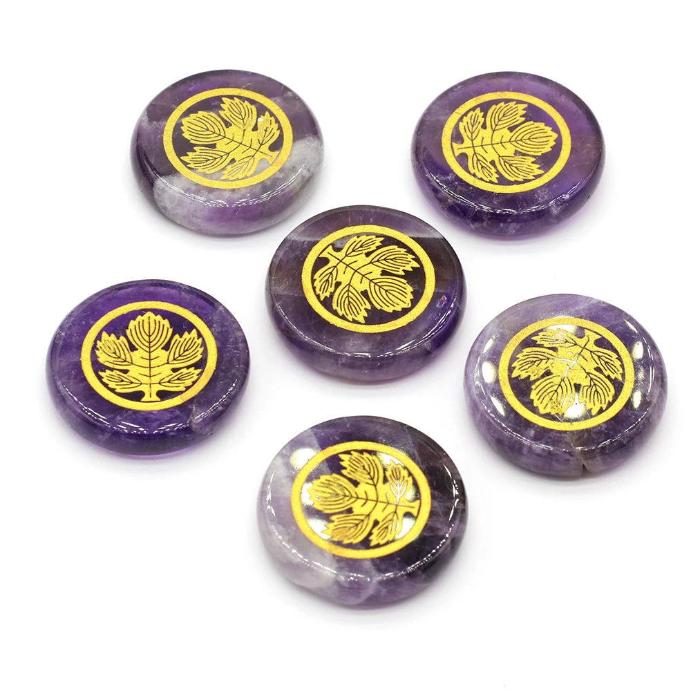 

6Pcs Fashion Religion Round Beads Natural Stones Amethyst Aura Healing Maple Leaf Pattern Gems for Unisex Charm Jewelry Gifts