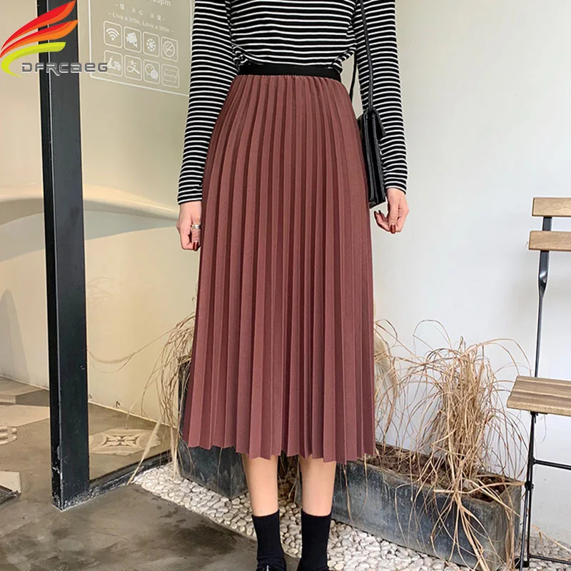 Весна 2020 Женская Длинная темно красная бежевая черная плиссированная юбка миди с