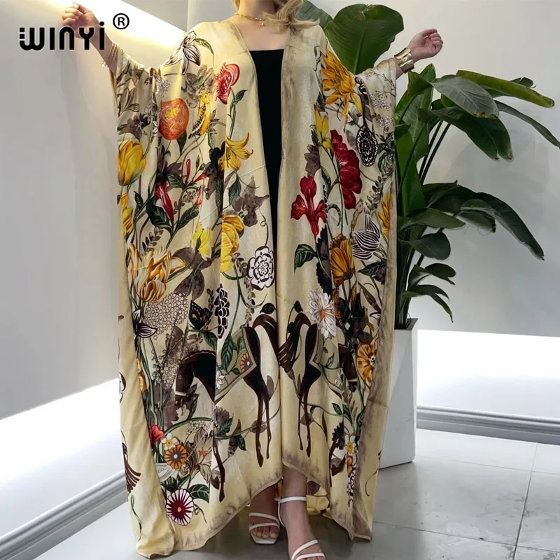 

WINYI holiday Oversized Beach Kimono With Sashes Bohemian Vintage Slim Sexy Long Cardigan Women Sleeve sukienka Fringe Cover-Up