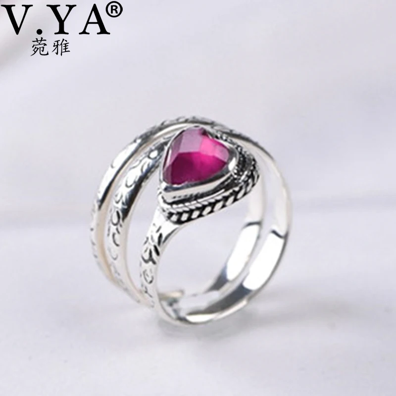 

V.YA New Exquisite Printed Peach Heart Love Silver Rings Synthetic Red Corundum Women's Ring Fashion Engagement Jewelry Gifts