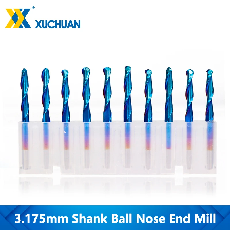 

Ball Nose End Mill 10pcs Tungsten Carbide Milling Cutter 3.175mm Shank CNC Router Bit Nano Blue Coated Spiral Milling Tool