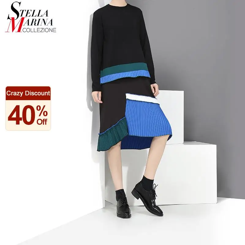 Женское осеннее повседневное плиссированное платье средней длины с длинным