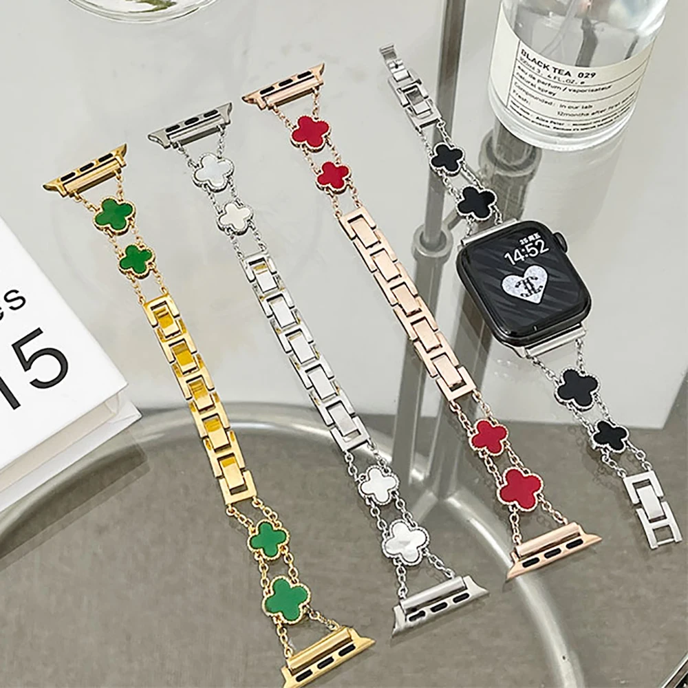 Metal strap for Apple watch band 44mm 42mm 40mm 38mm Four-leaf clover replacement strap for iwatch 6 SE 5 4 3 2 1 metal strap