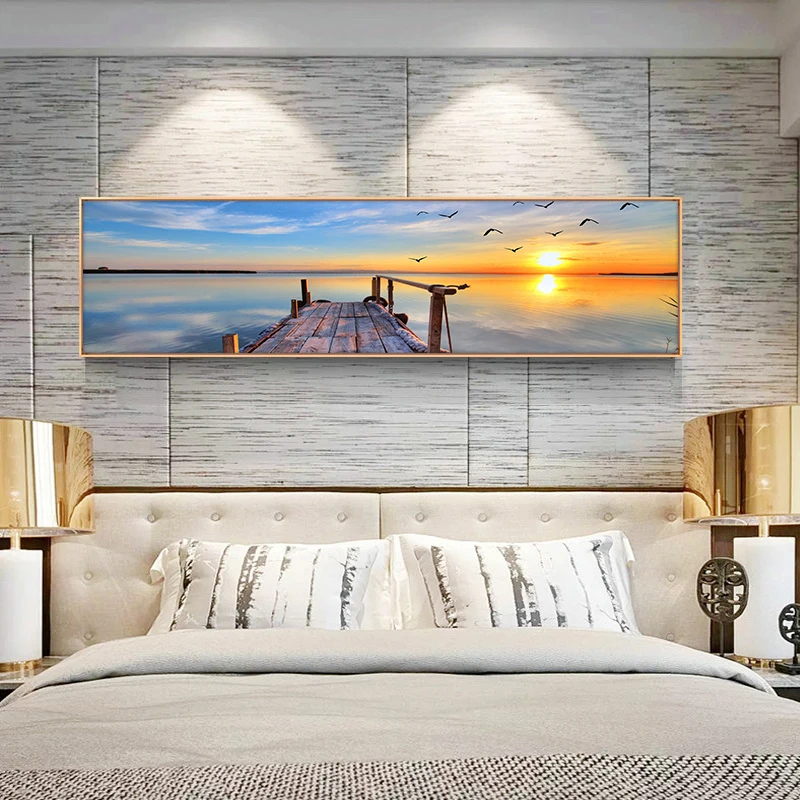 

Sunset By The Lake Bridge Oil Painting on Canvas Posters and Prints Picture Scandinavian Wall Art Picture for living room