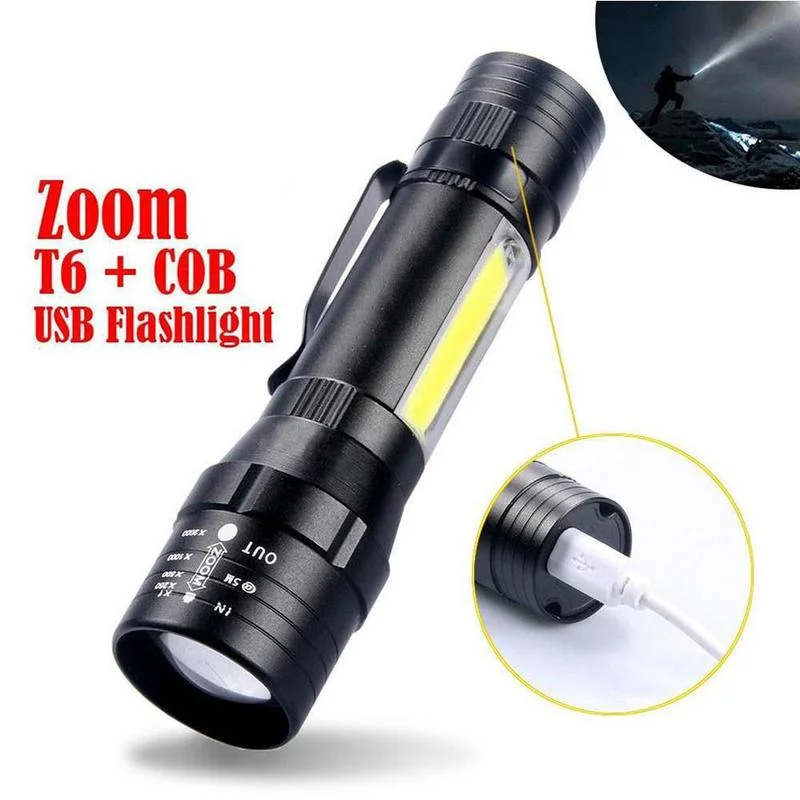 

Portable T6 COB LED Pocket Flashlight Waterproof Tactical USB Rechargeable Camping Lantern Zoomable Focus Torch Lamp Night Light