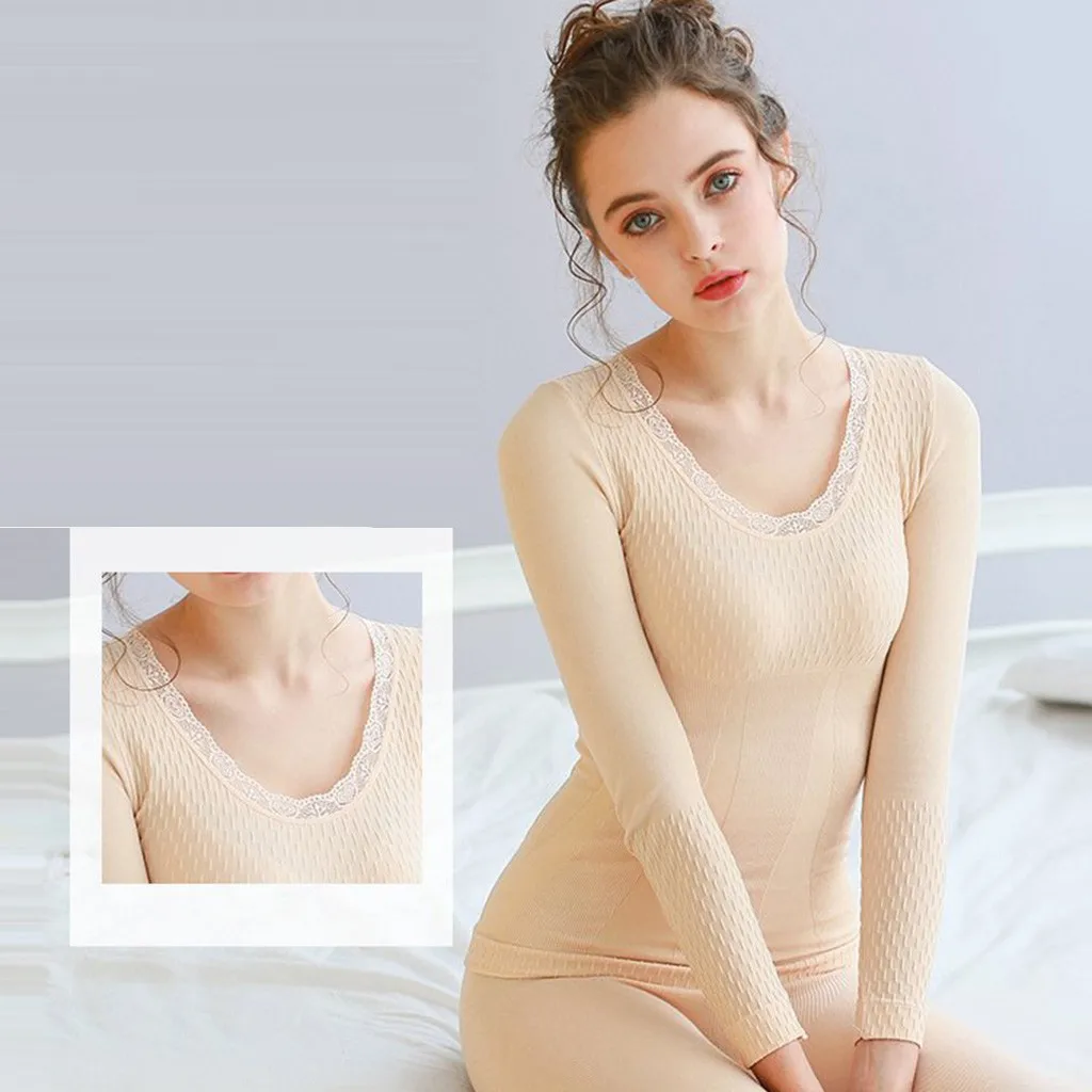 

Sexy Underwear Set Women Solid Top Bottom Set Long Sleeve Seamless Elastic Inner Wear Spring Winter Pajamas Sets #G4