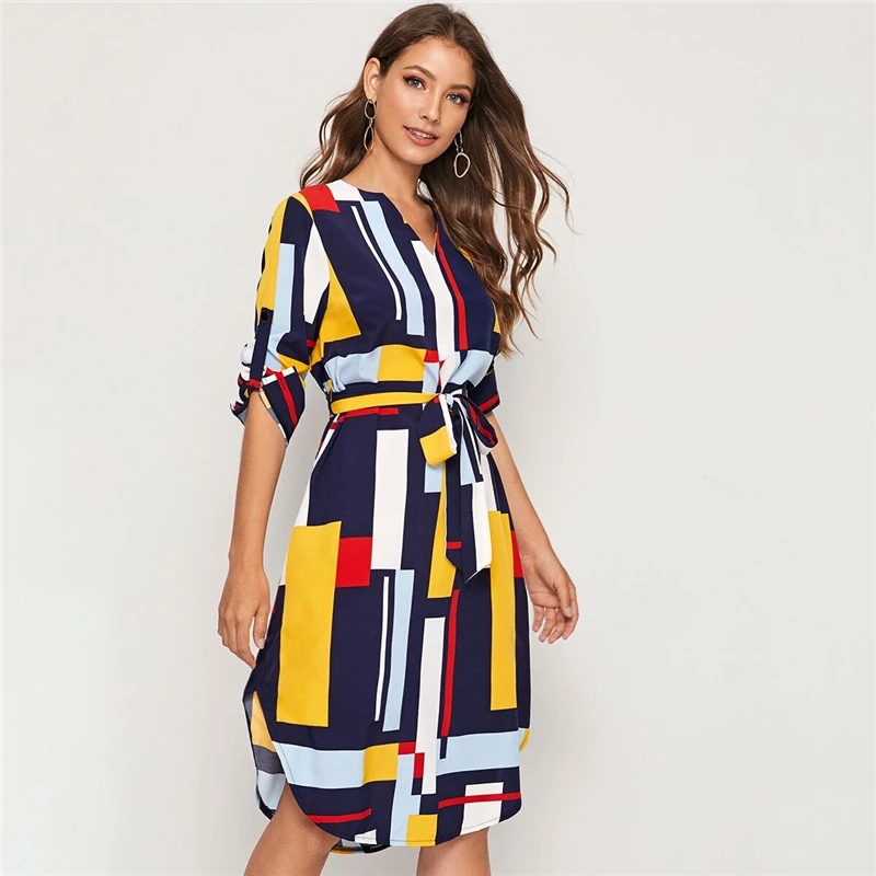 SHEIN модное Повседневное платье с v-образным вырезом и цветными блоками, с поясом, для женщин, осень, закатывающиеся рукава, пуговицы сбоку, прямые платья миди