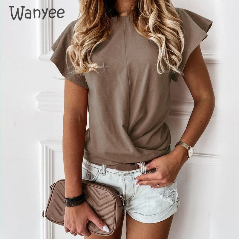 

New Spring Office Women Tops Elegant Round Neck Tee Streetwear 2021 Summer Solid Color Bottoming Shirt Ruffle Short-Sleeve