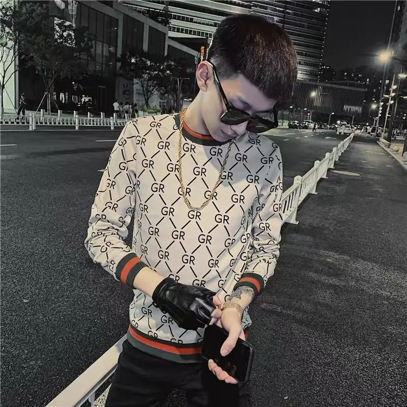 

Net red autumn and winter fashion brand fried Street coat men's round neck printing Plush thickened sweater trend slim top
