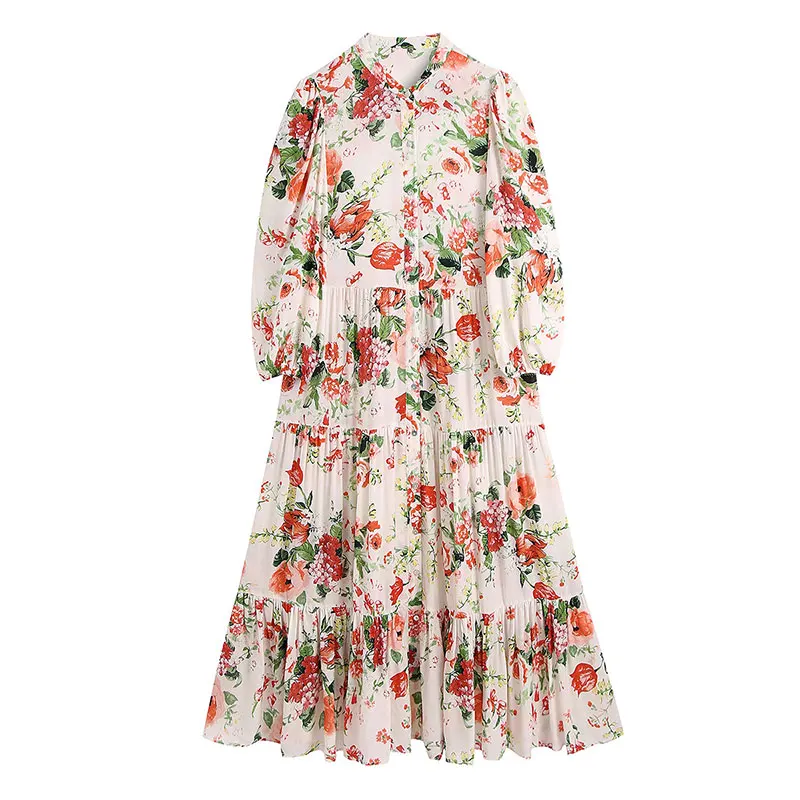 

Vintage Bohemian Dress Women New High Waist Slim Fit Floral Print Long Sleeve Long Sashes Maxi V-Neck Casual Lady Dresses 2021
