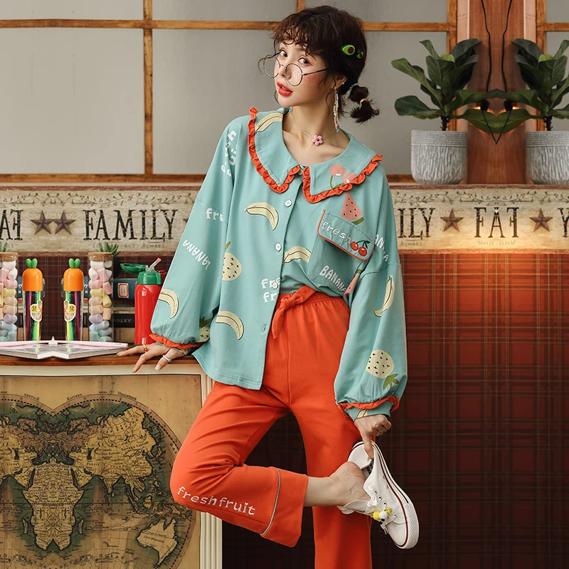 JRMISSLI хлопковая длинная Пижама набор для женщин с фруктовым принтом M XXL большой