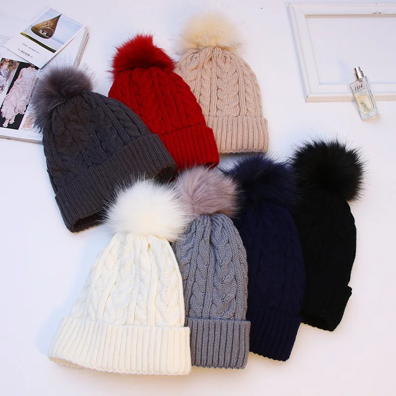 Корейская осенне-зимняя шапка с меховым помпоном, шапочки, утепленная шерстяная шапка, двухслойная уличная твист-шапка, женская вязаная шап...
