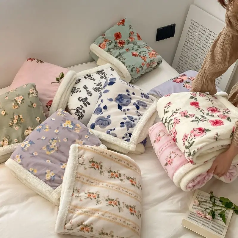 

Flower Printed for Beds Coral Fleece Blanket Soft Warm Flannel Lambswool on Bed Queen/King Blanket For Winter Chair Nap Blanket