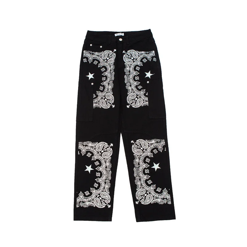 

Джинсы Eukaaru с вышивкой кешью для мужчин и женщин, уличная одежда, джинсы в стиле хип-хоп, брюки оверсайз, мешковатые джинсы-бойфренды