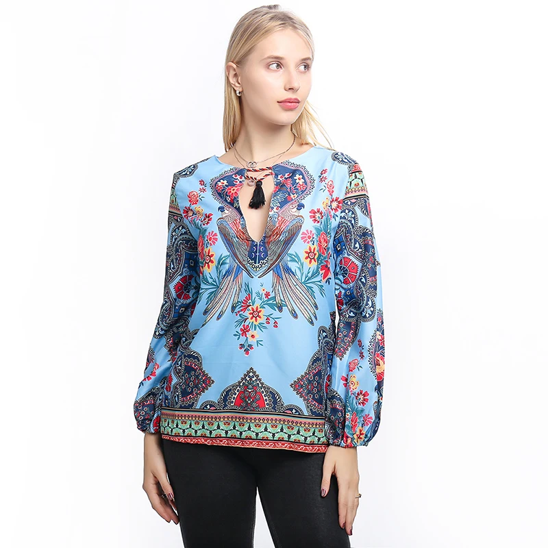 Vintage Printed Round Neck Tops female Bohemia Tassel Shirts Casual Loose Womens And Blouses Lantern Sleeve Shirt Blusas | Женская