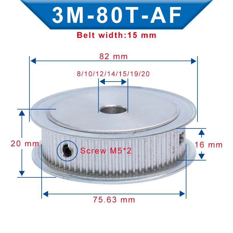 

3M-80T Pulley AF Shape Bore 8/10/12/14/15/19/20 mm Aluminum Material pulley wheel Slot Width 16mm For 3M Timing Belt Width 15mm