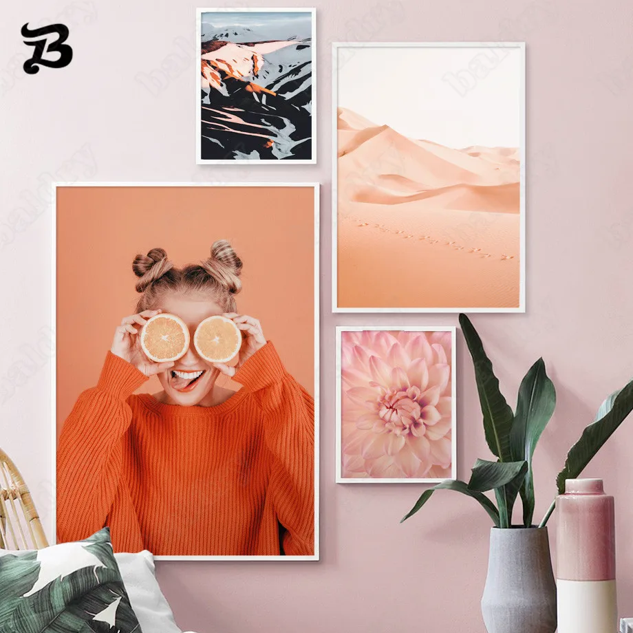 

Desert Landscape Pink Flower Mountain Wall Art Canvas Painting Girl Posters and Prints Wall Pictures for Living Room Home Decor