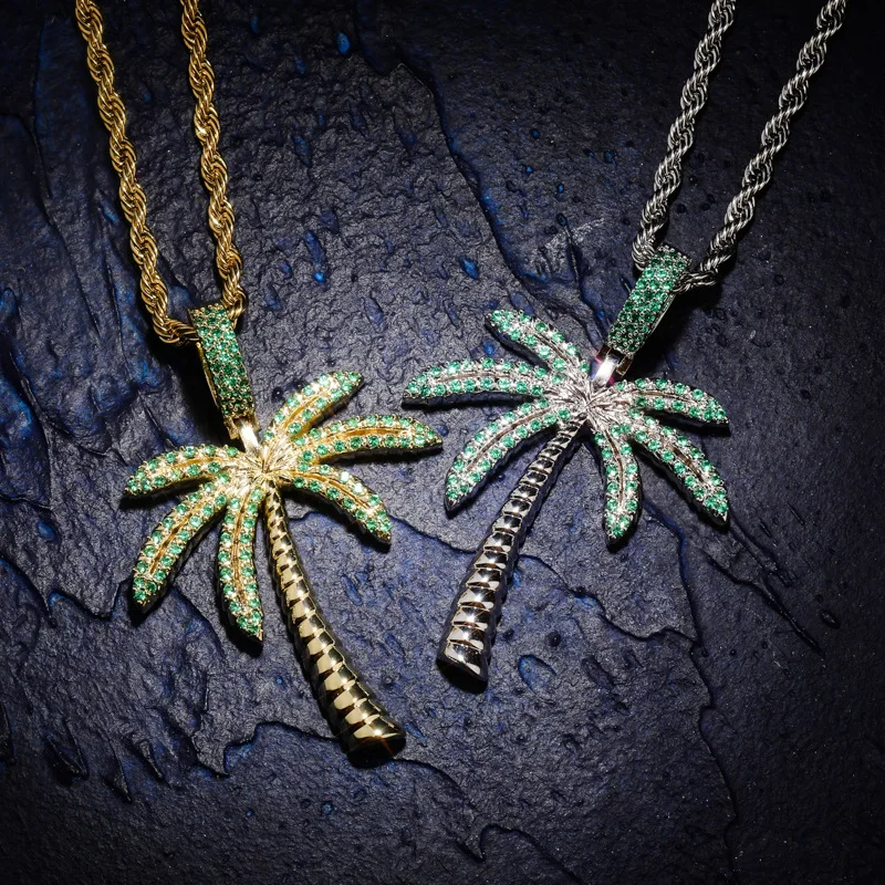

Hot Style Micro - Inset Colored Zircon Coconut Tree Solid Hiphop Pendant