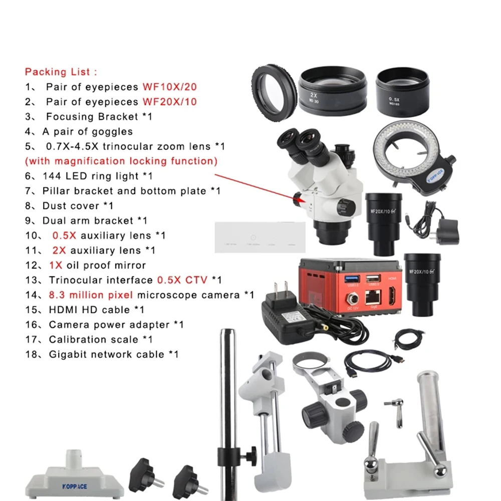 

KOPPACE 4K HD Stereo Measurement Microscope 3.5X-180X 4K Pictures and Videos Dual arm Bracket Electron Microscope