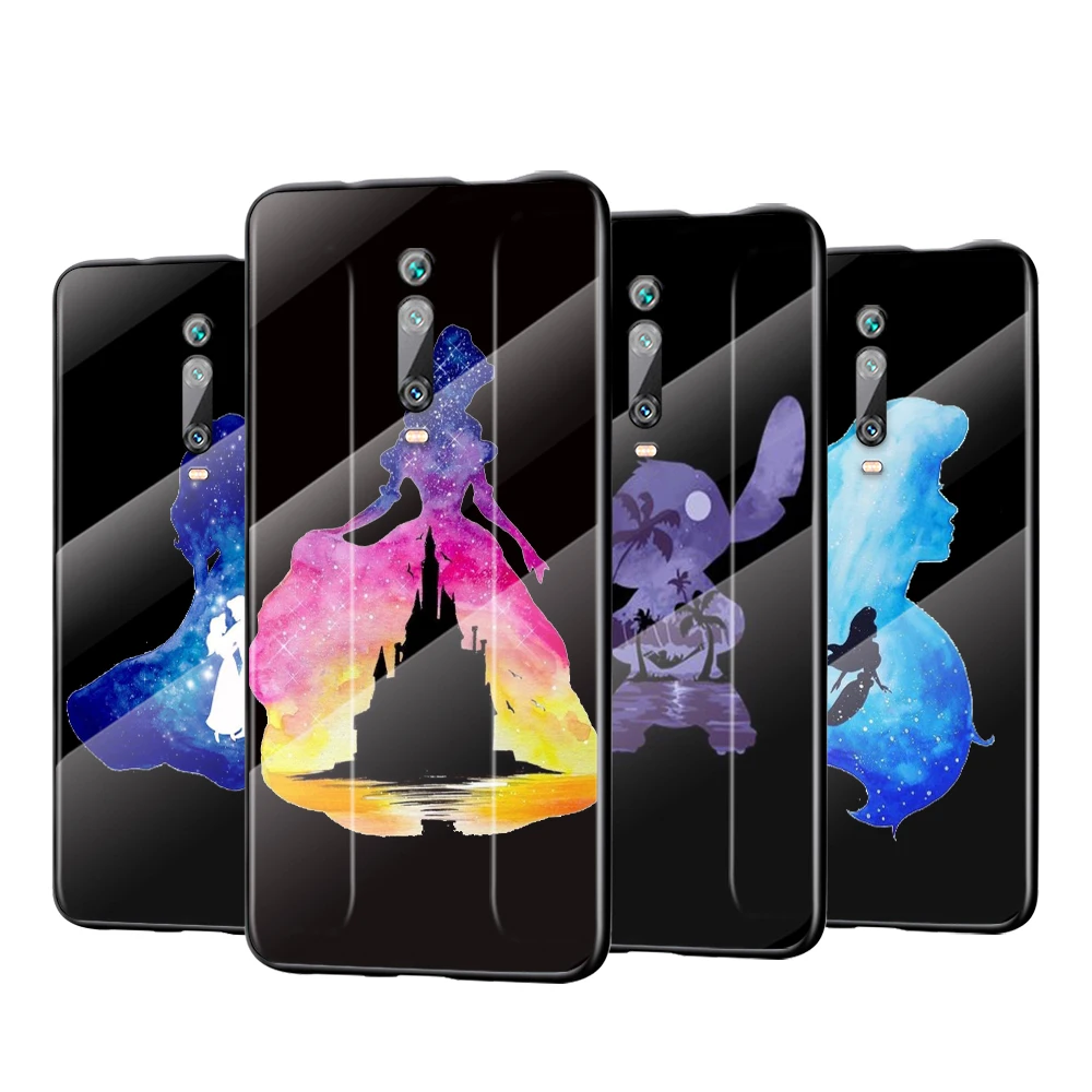 

Tempered Glass Cover Disney Silhouette Princess For Xiaomi Redmi K40 K30 K20 9T 9C 9A 9 8A 7 Pro Plus Shockproof Phone Case