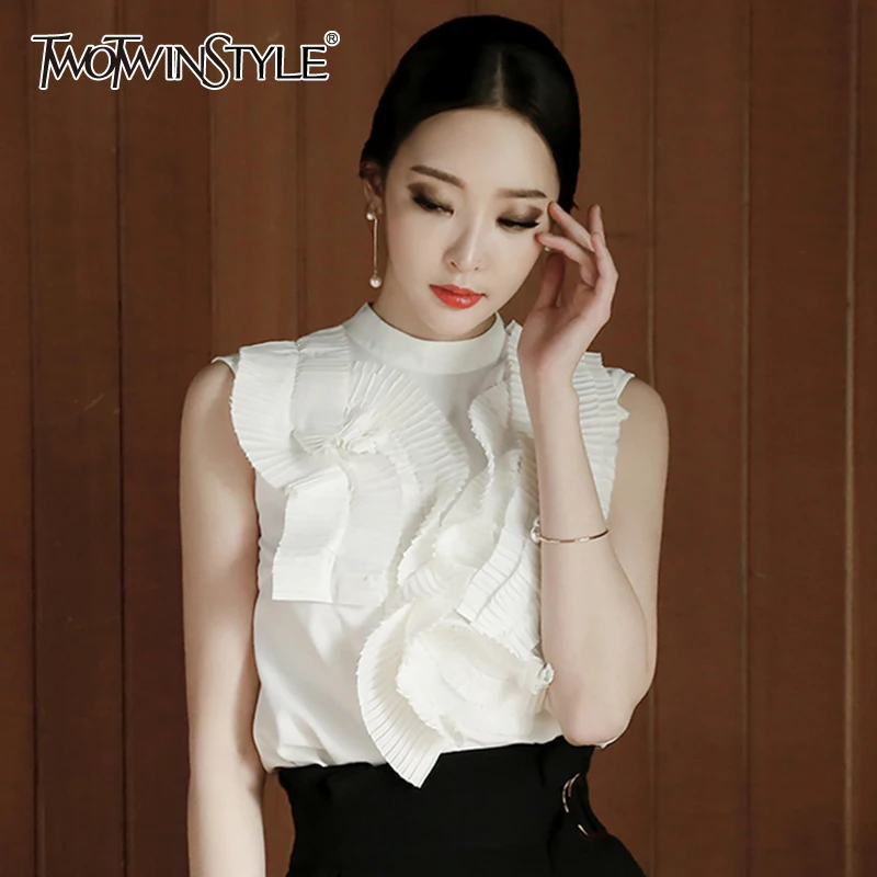 

TWOTWINSTYLE, Повседневная белая рубашка для женщин, со стоячим воротником, без рукавов, в стиле пэчворк, свободная, элегантная, Корейская, женская...