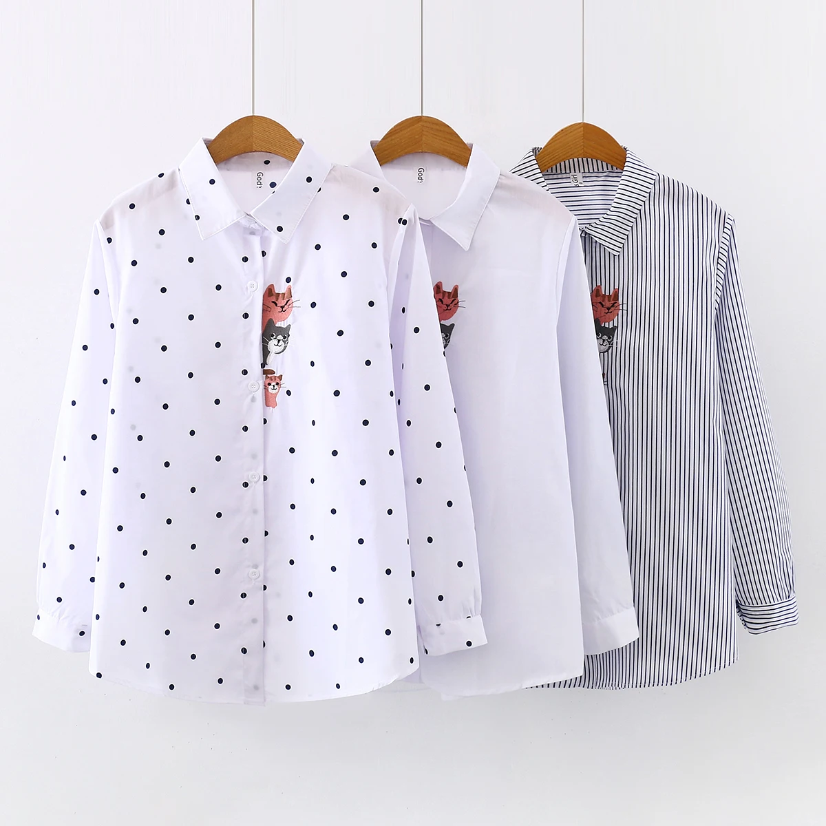 Весна 2020 рубашки с вышитым мультяшным котом женские корейские бантом новые