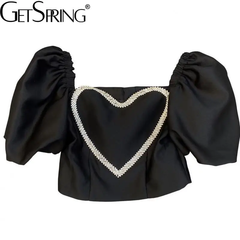 

Getspring Women Blouse Shirt Diamonds Square Collar Short Women's Summer Blouses All Match Puff Sleeve Vintage Sexy Tops Women