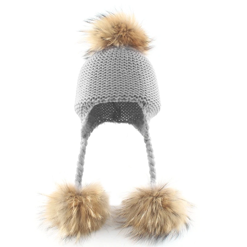 

Toddler Baby Raccoon Fur Ball Beanie Winter Warm Solid Color Knitted Hat Earflap A2UB