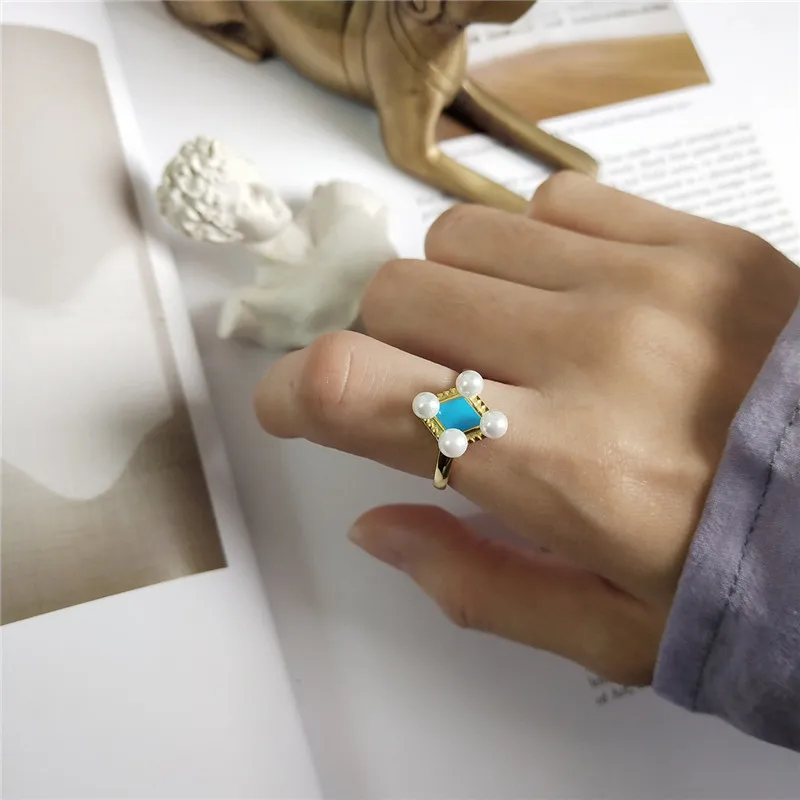 RUIYI Real 925 Sterling Silver New Macaroon Blue rhombus Pearl Rings Women Fashion Korean Style 18K Gold Plated Chic Niche | Украшения и