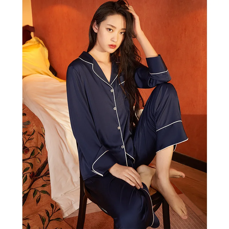 

2PCS Pajamas Set 2021 Spring Summer New Women Ice Silk Sleep Suit Loose Home Clothes With Pocket Sleepwear Lounge Nightwear