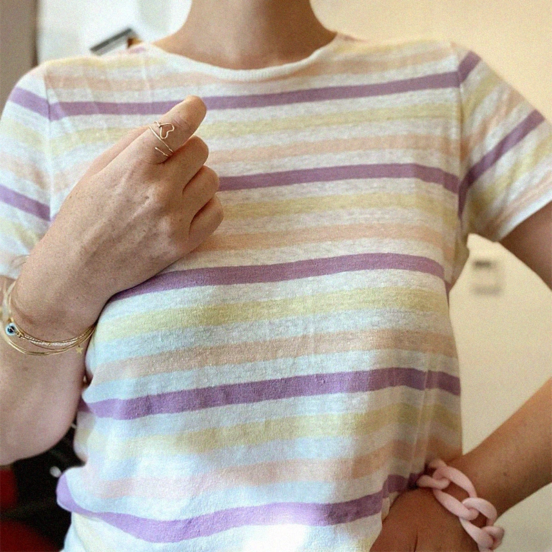 

Stripes T shirt Femme Short Sleeve Round Collar Cotton Lively Tee Elegant Tops 2021 Summer Dignified Chic Retro Casual Tee