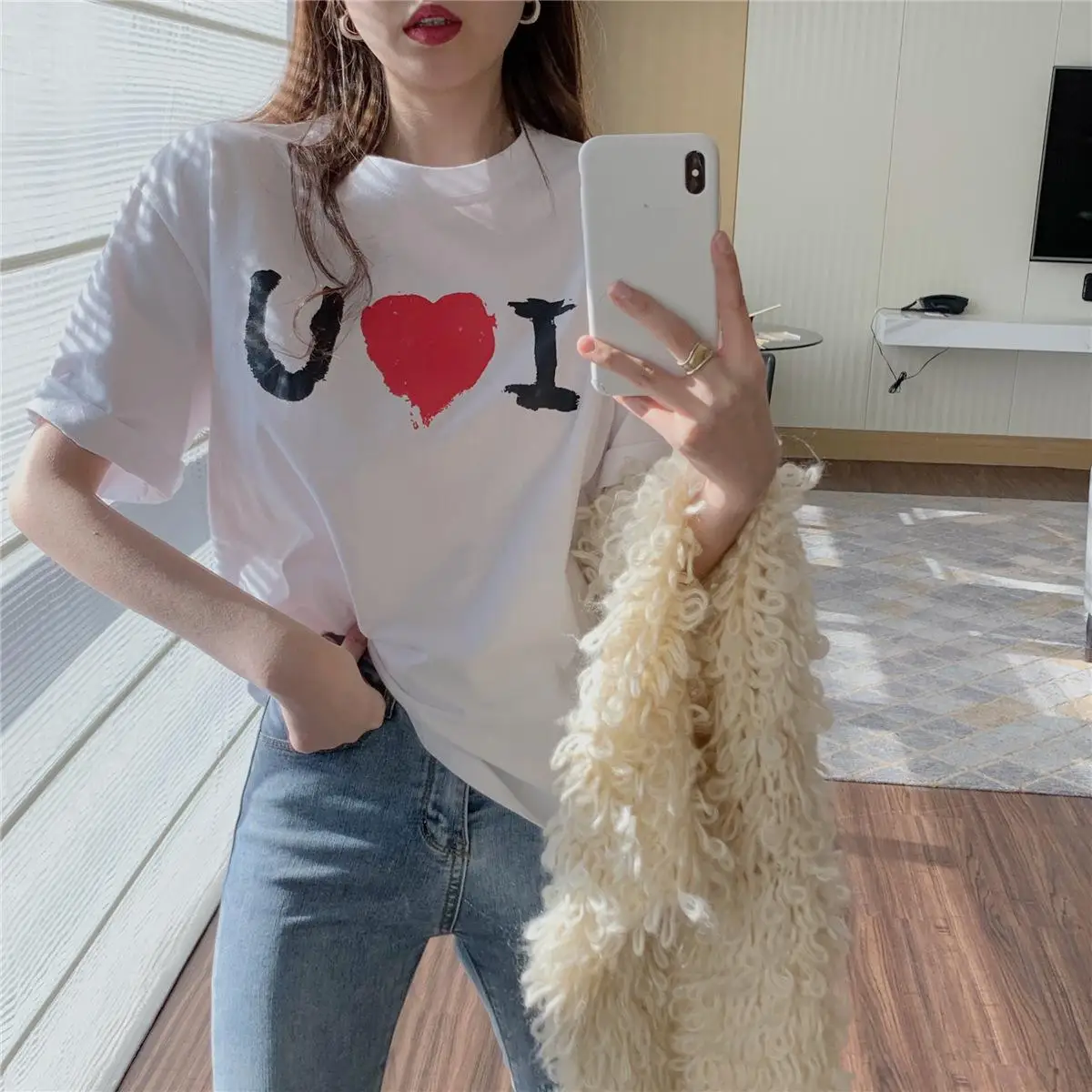 

Летняя Модная рубашка с рисунком I Love You, женские топы, базовая белая забавная футболка с круглым вырезом для девочек