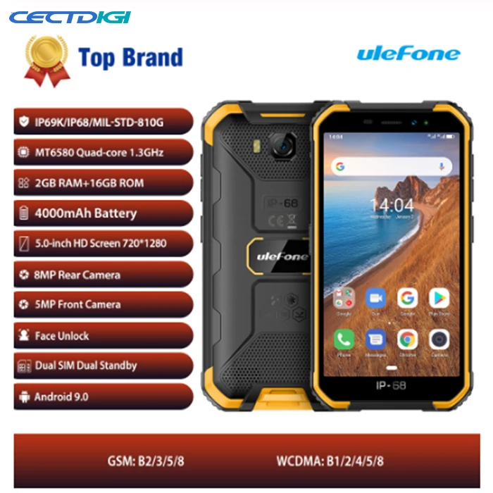 

Ulefone Armor X6 2GB 16GB 4000mAh Quad core Android 9 IP68 Waterproof Smartphone MT6580 Face Unlock 3G Global Version Phone