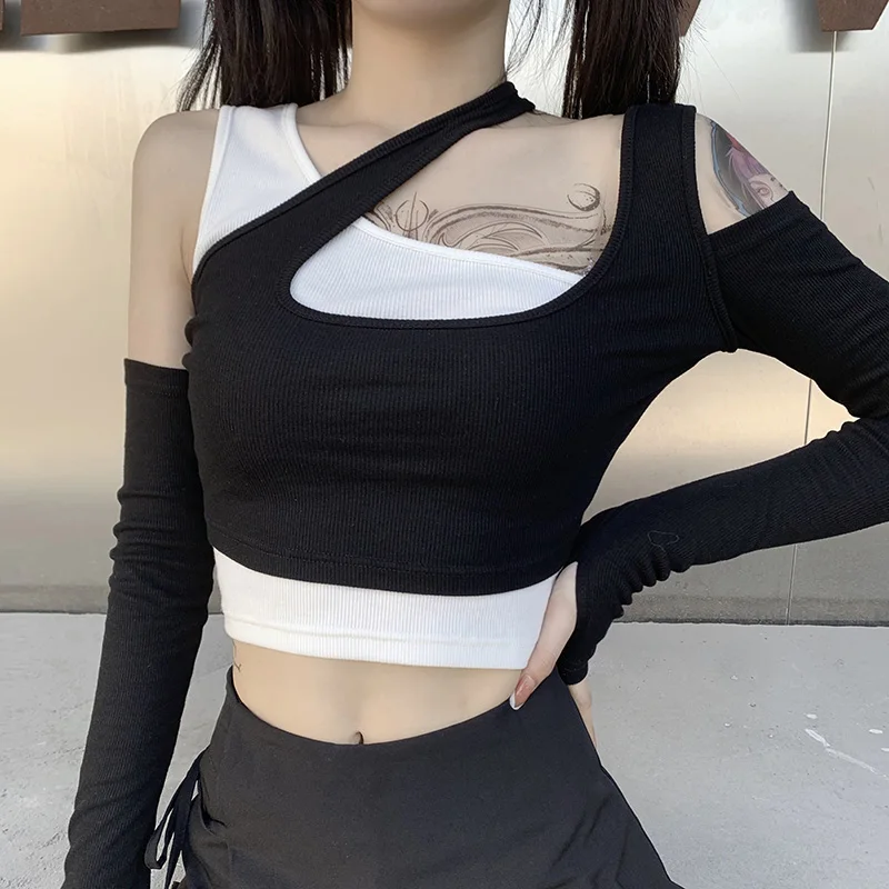 

Cozok Punk Fashion Black White Patchwork Tops Long Sleeve Crop Tops Female Harajuku Grunge Off Shoulder Bodycon Tops Autumn