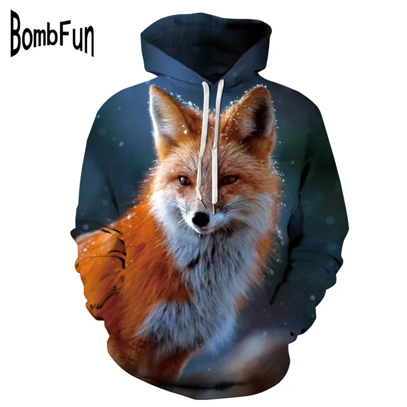 BombFun Мужские Толстовки Животные 3d толстовки мужские худи с лисой принт капюшоном