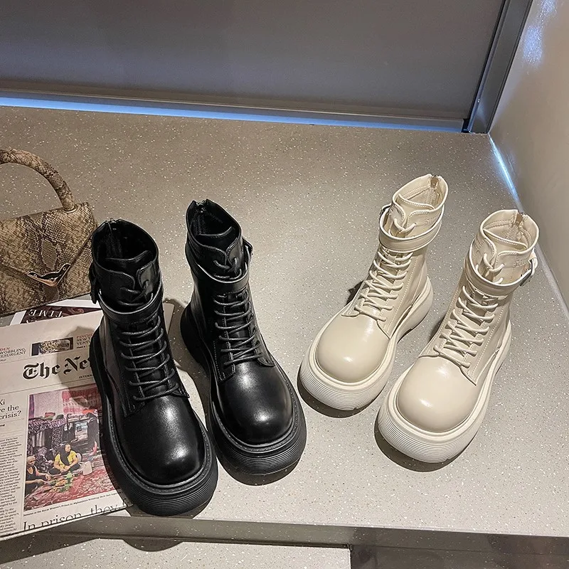 2022 winter new women's sports ankle boots thick-soled motorcycle boots flat shoes fashion lace-up casual PU leather shoes